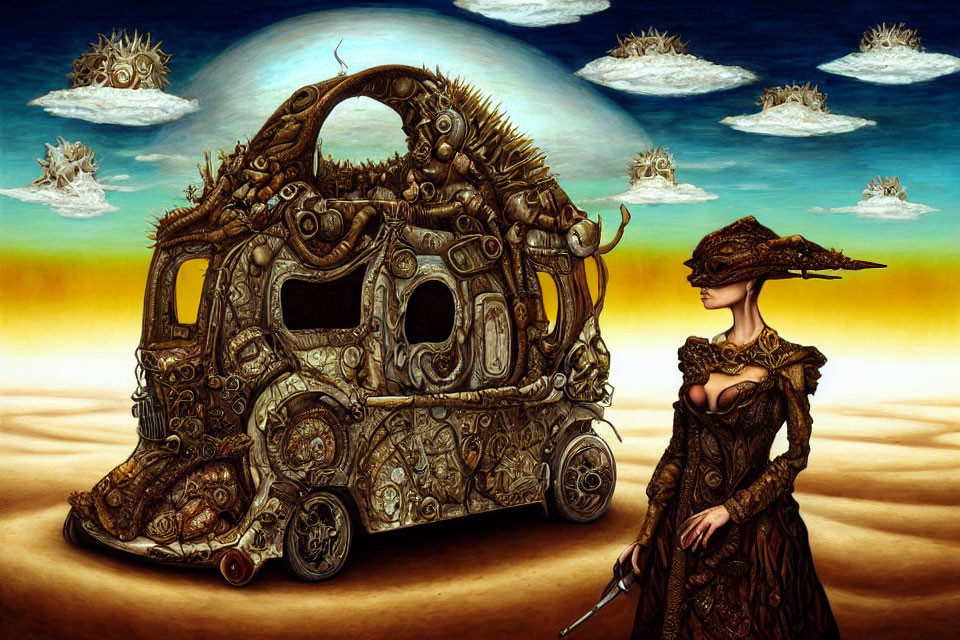 Steampunk-themed artwork with Victorian woman, mechanical carriage, surreal clouds, and large moon.