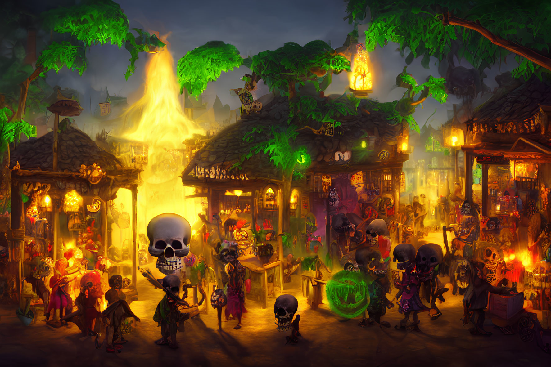Colorful Night Market Scene with Skeletons Dancing, Lanterns, Skull, and Fire Fountain
