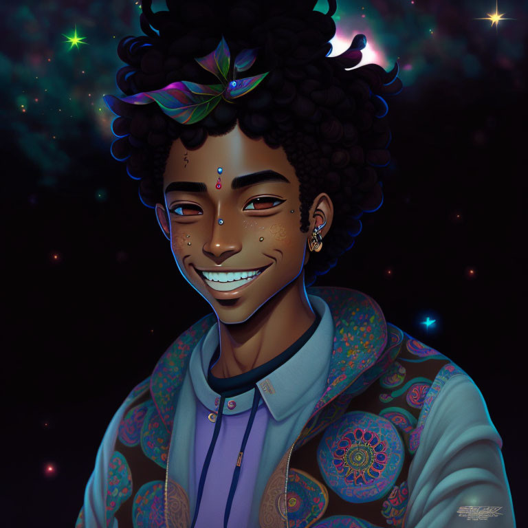 Cheerful person with curly hair in space-themed portrait with vibrant mandala.