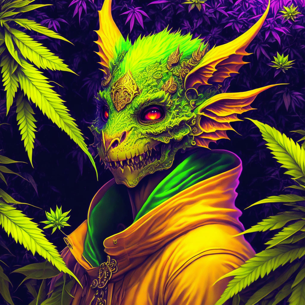 Colorful digital art: Green dragon with red eyes, golden headgear, yellow cloak in purple foliage