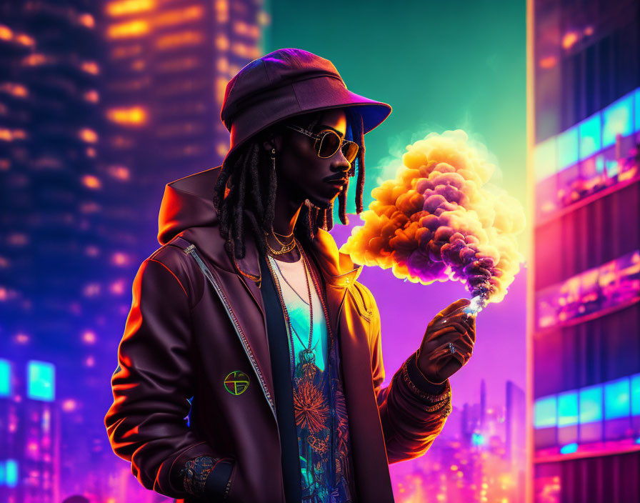 Dreadlocked person in stylish urban attire with colored smoke against neon cityscape