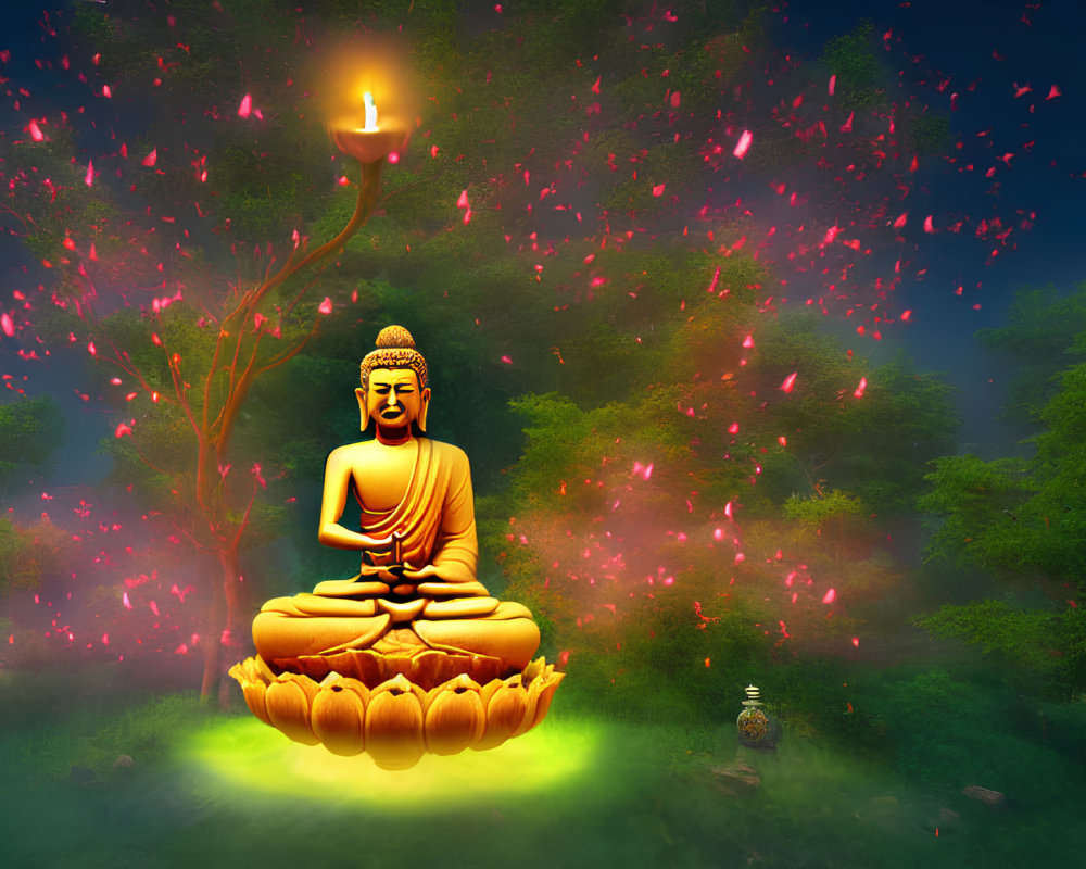 Golden Buddha Statue Seated on Lotus with Flaming Heart in Mystical Forest