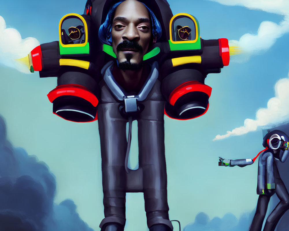 Illustration of person with jetpack, screen displays, and robot against blue sky