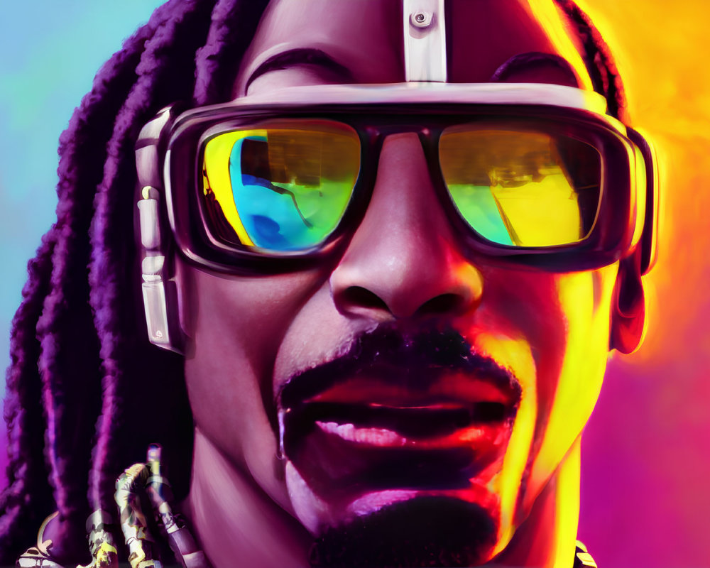 Smiling person with colorful dreadlocks and sunglasses on vibrant background