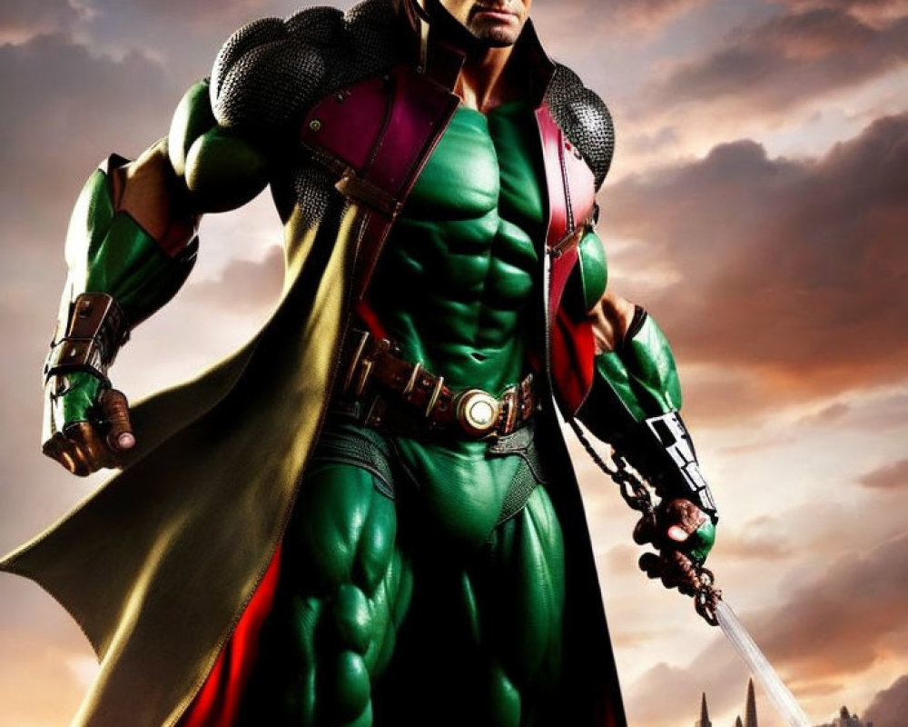 Muscular superhero in green and red costume with cape holding a sword against dramatic cityscape.