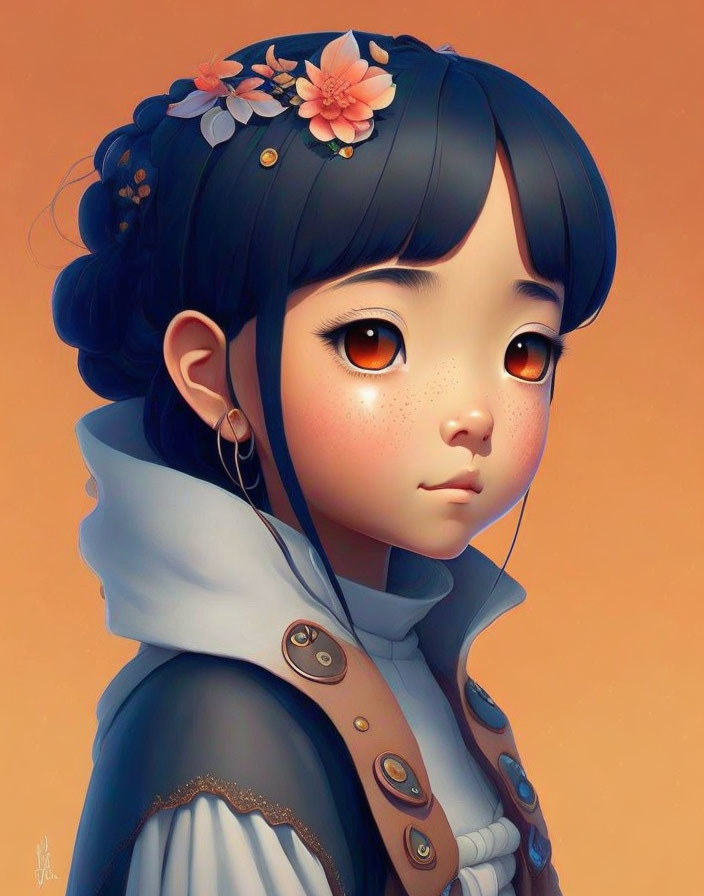 Digital illustration of young girl with amber eyes, floral hairpiece, blue-gray cloak