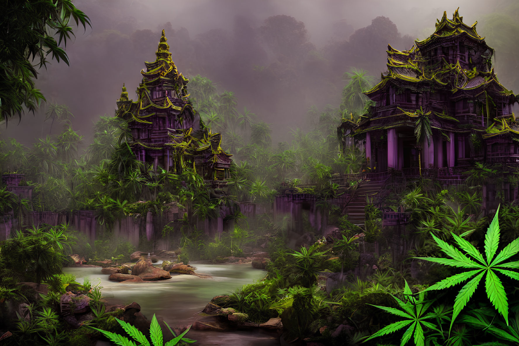 Ancient temples in lush jungle with fog and river