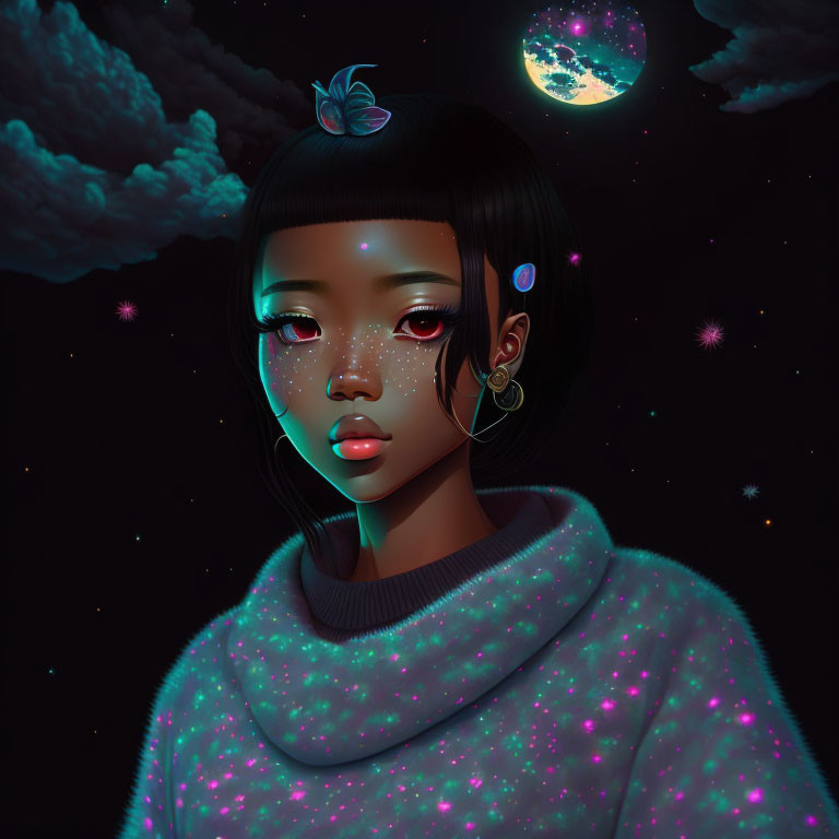 Digital artwork featuring girl with glowing skin and space-themed elements under starry sky.
