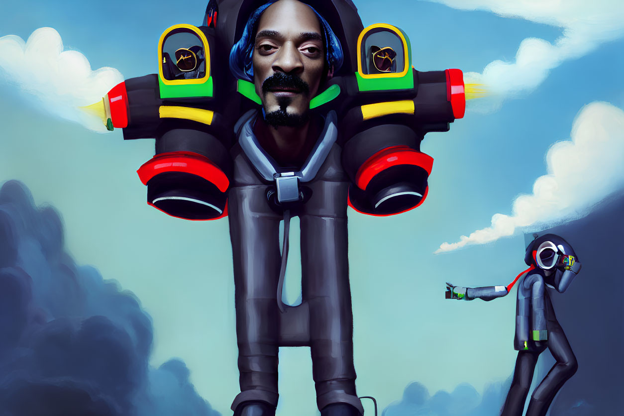 Illustration of person with jetpack, screen displays, and robot against blue sky