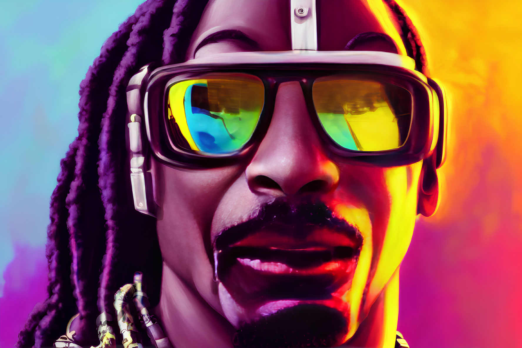 Smiling person with colorful dreadlocks and sunglasses on vibrant background