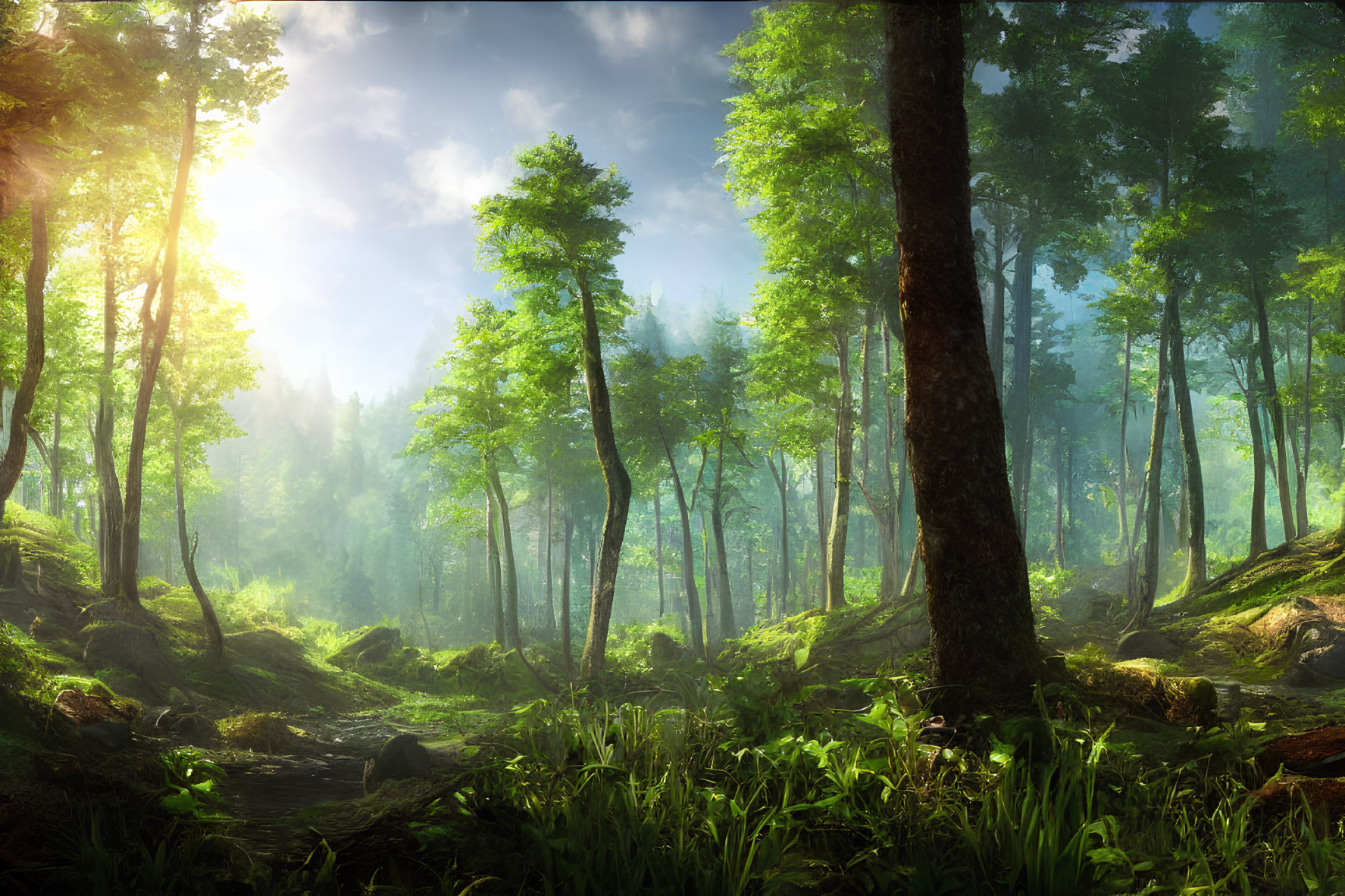Lush Green Forest with Sunlight Filtering Through