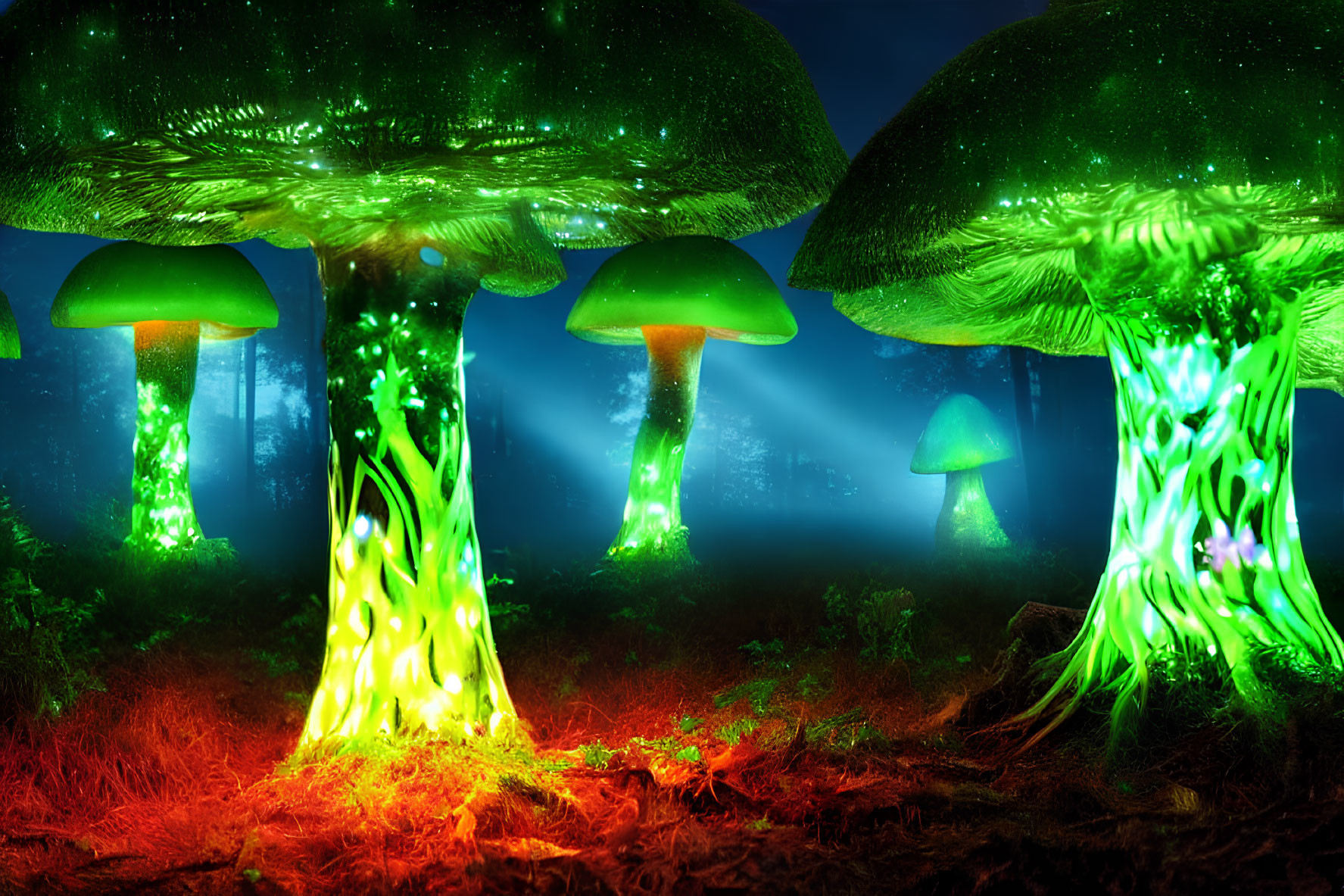 Bioluminescent mushrooms in mystical forest with vivid green light