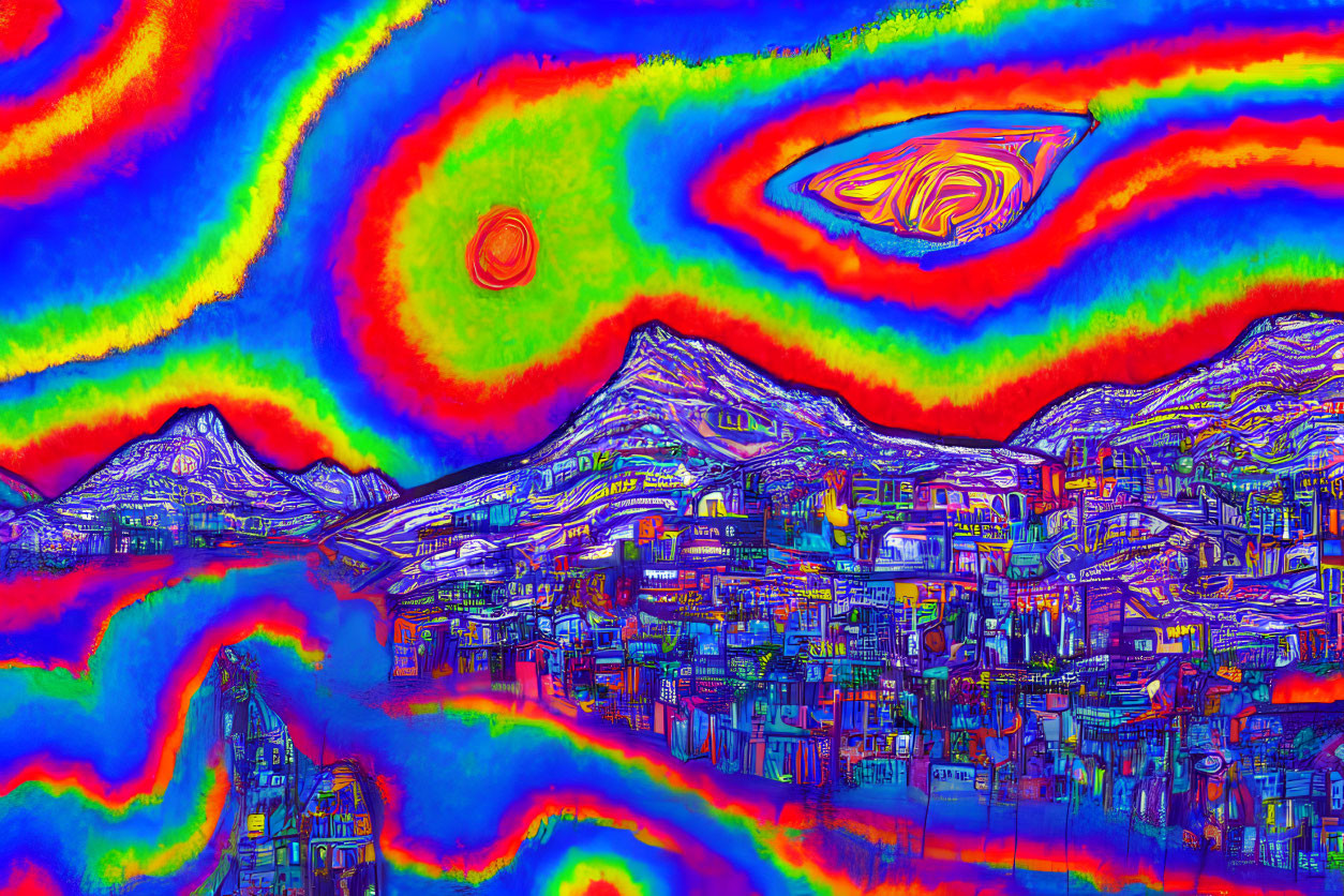 Colorful Psychedelic Digital Image of Stylized Mountains and Abstract Sky