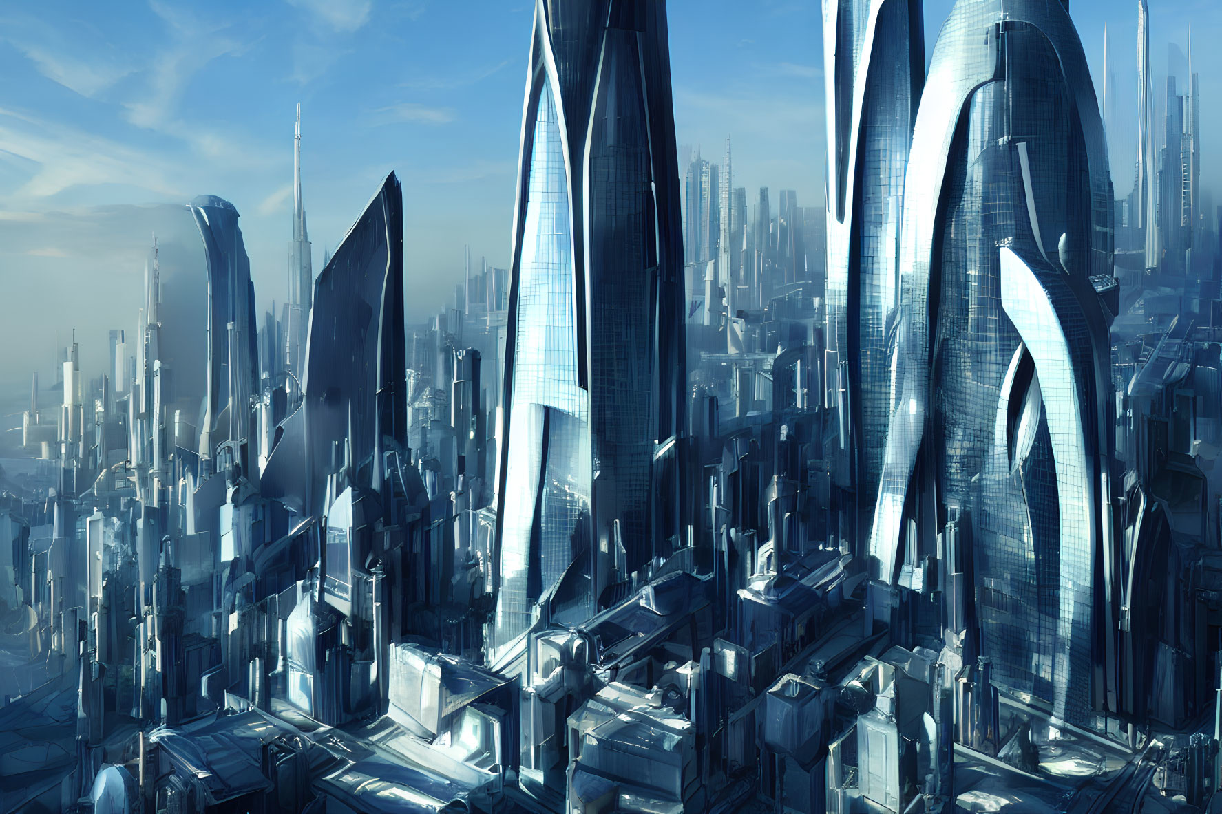 Futuristic cityscape with sleek skyscrapers in blue hue