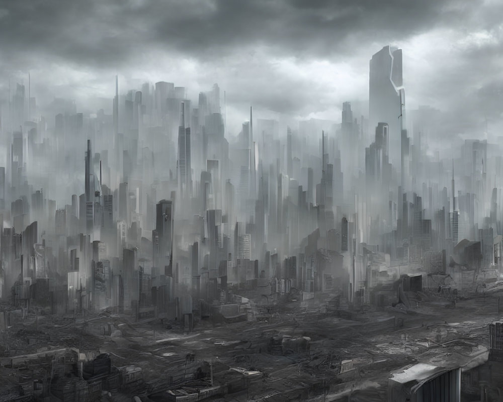 Grayscale futuristic cityscape with mist and skyscrapers