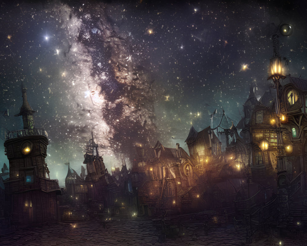 Whimsical village with Victorian-style houses under starry sky