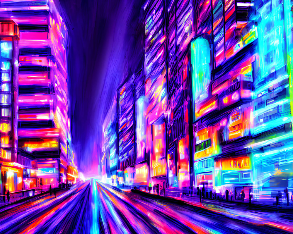 Neon-lit cityscape at night with glowing streaks of light
