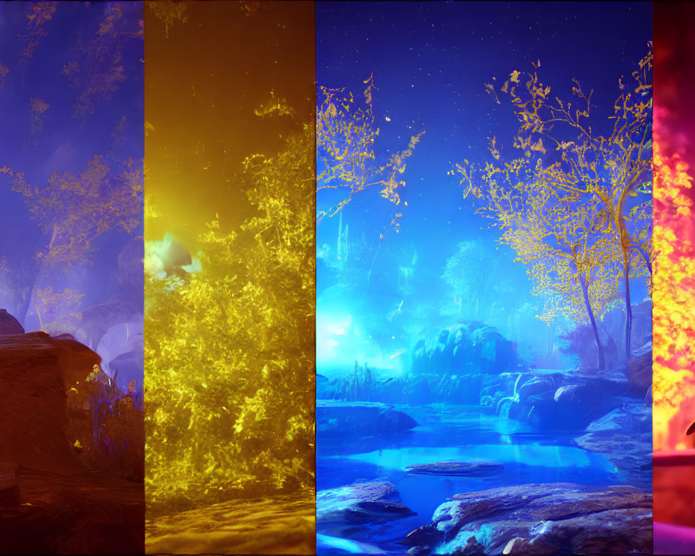 Mystical forest portrayed in four color-filtered panels