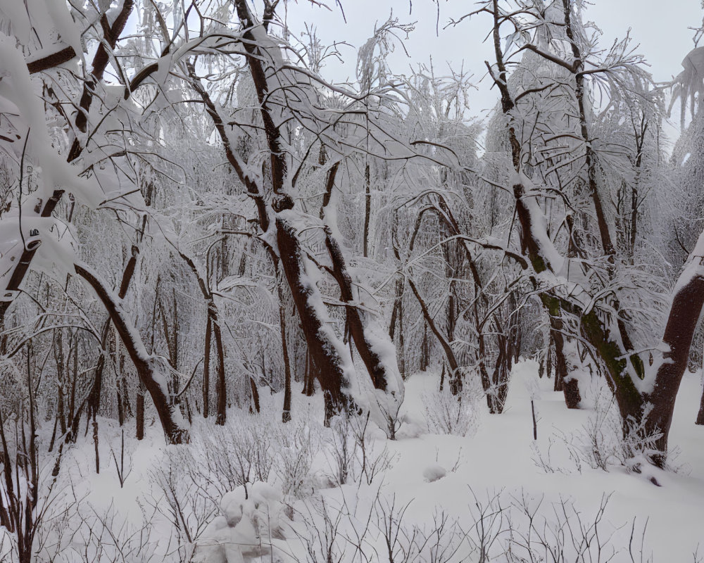 Snow-covered leafless trees in dense winter forest