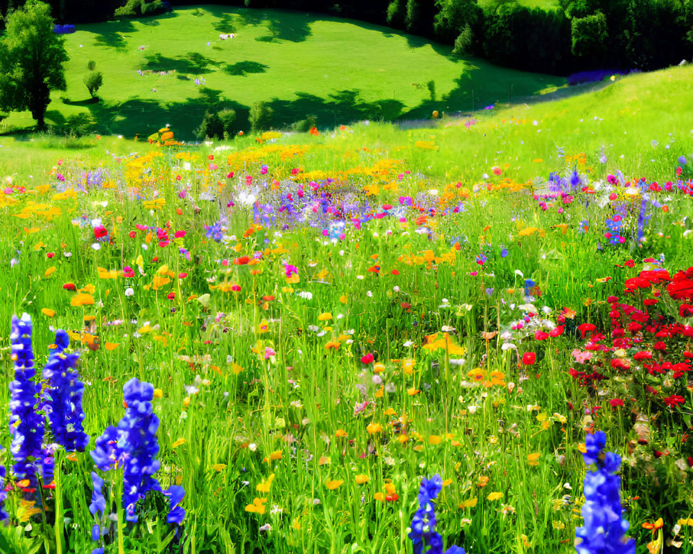 Colorful Wildflower Meadow Under Blue Sky and Green Hills
