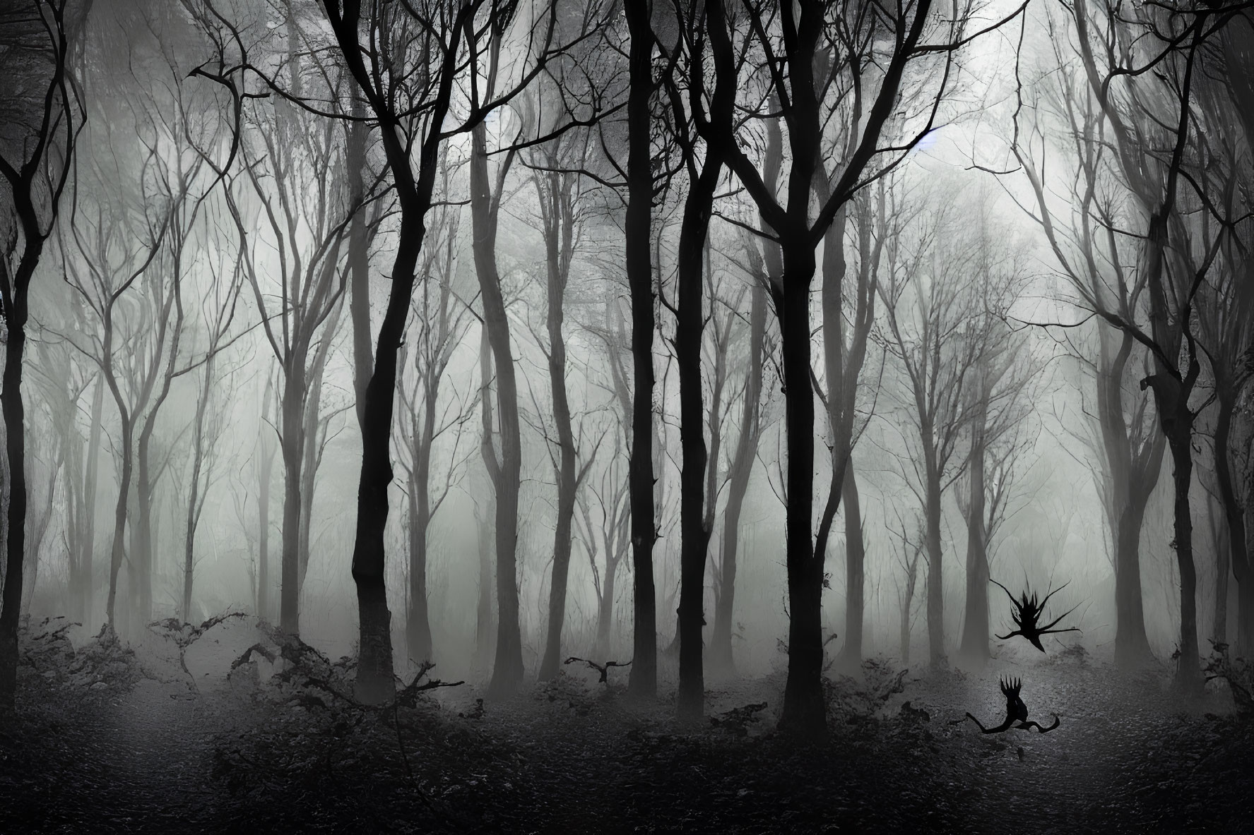Foggy forest with eerie trees in dark ambiance