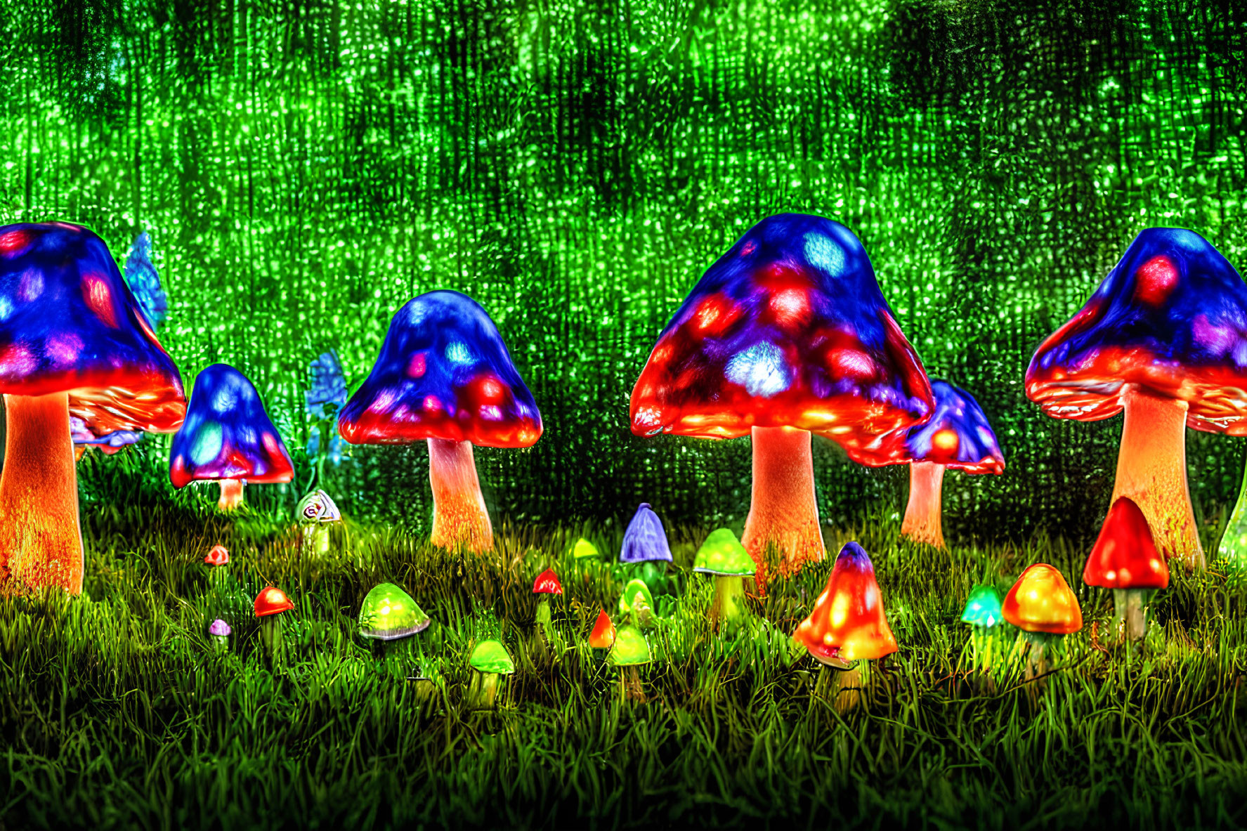 Colorful Luminous Mushrooms on Grass with Matrix-Like Digital Background