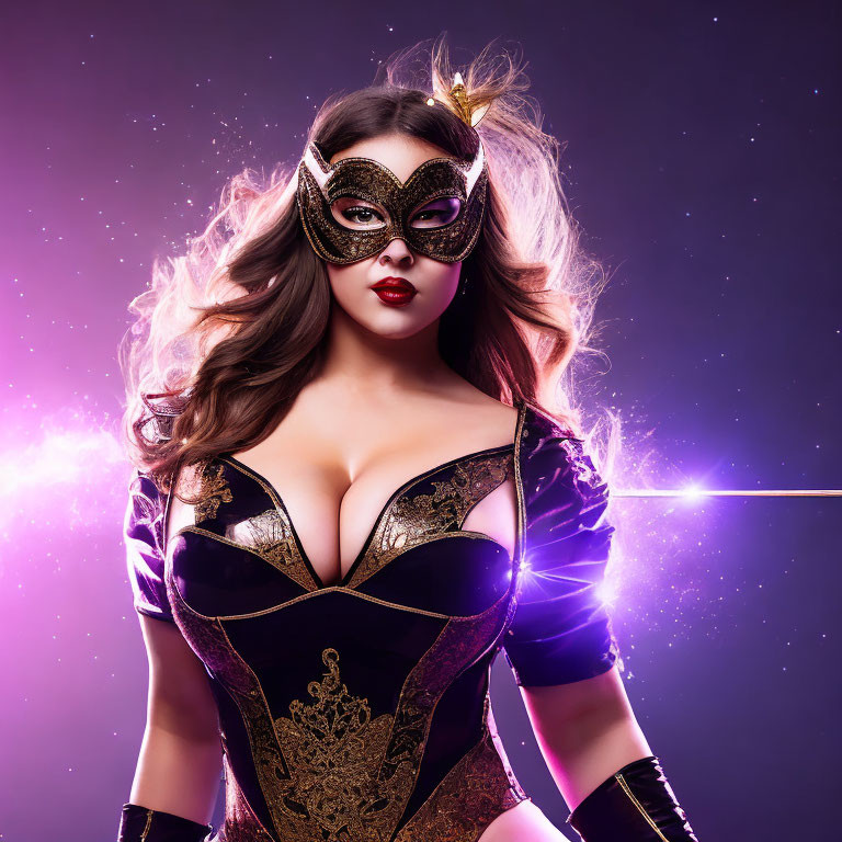 Woman in ornate mask and corset with cosmic backdrop exudes superheroine vibe