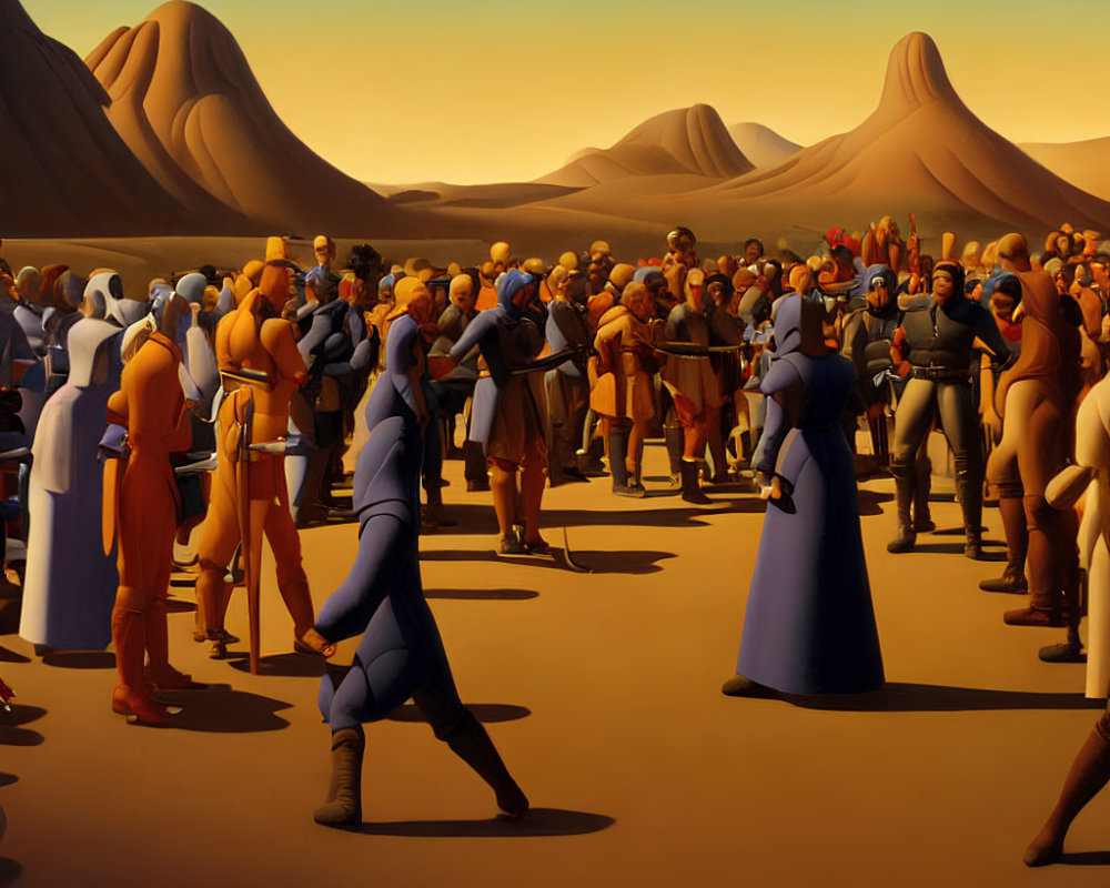 Animated humanoid characters in desert with mountains, two figures in confrontation