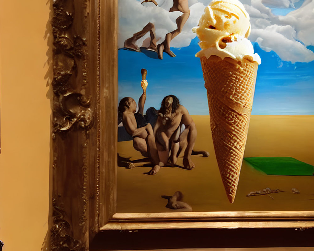 Surreal painting of figures with melting ice cream heads in desert landscape