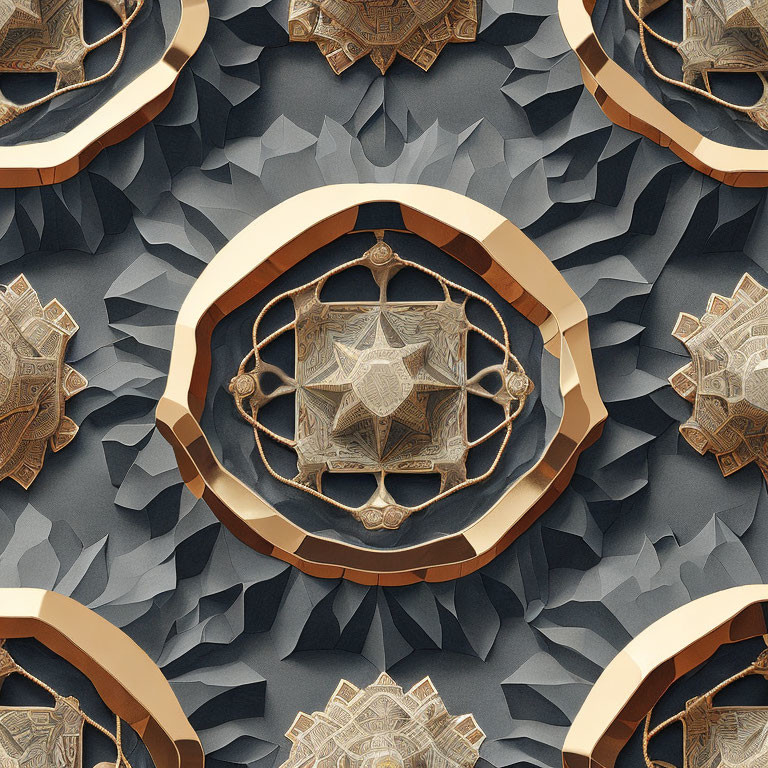 Geometric metallic rings and golden ornaments on textured gray background