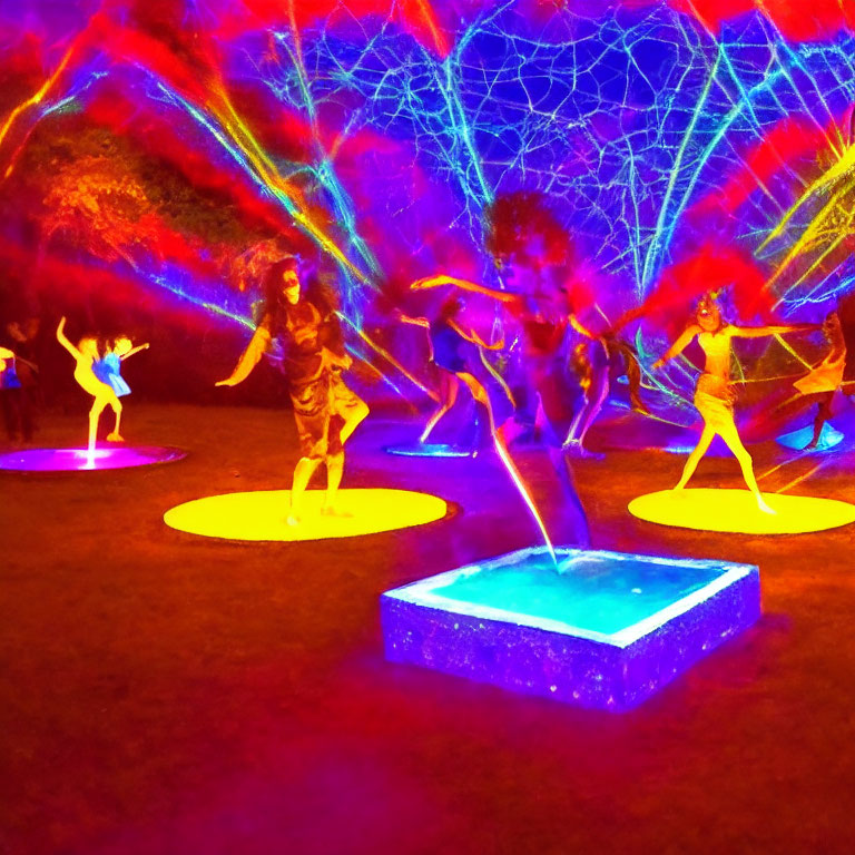Colorful dancers under neon web lights: a vibrant, psychedelic atmosphere.