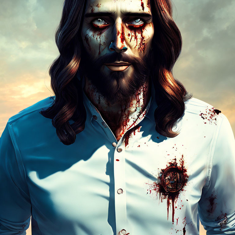 Bearded man with bullet hole and blood stains, under cloudy sky