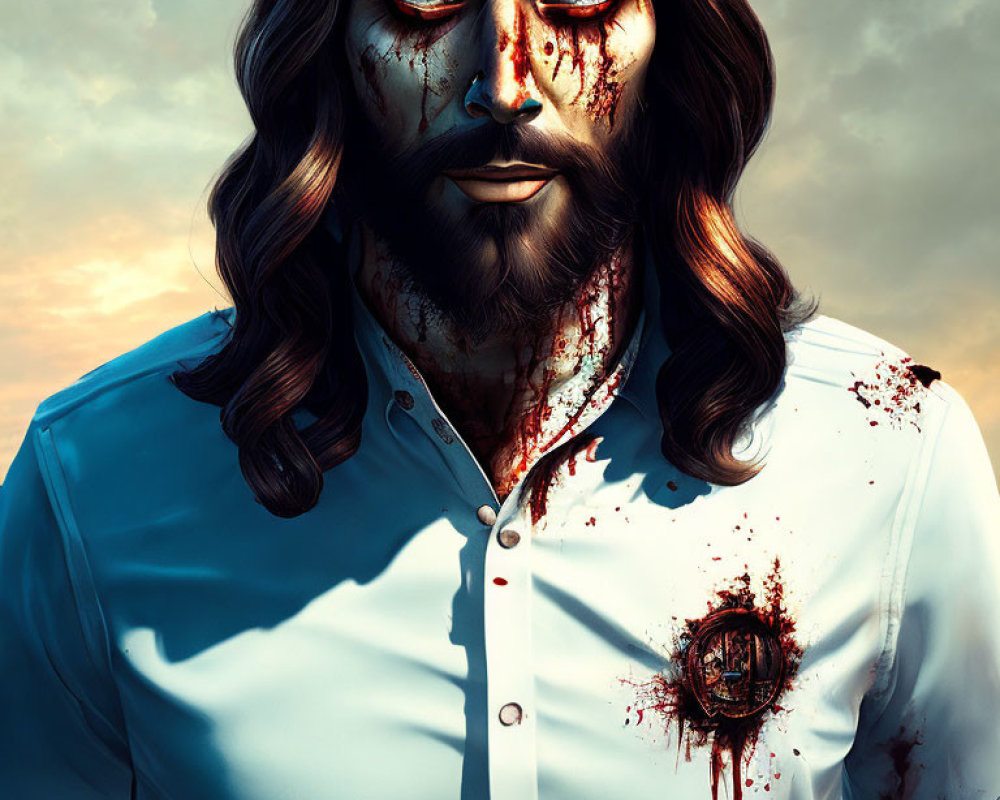 Bearded man with bullet hole and blood stains, under cloudy sky