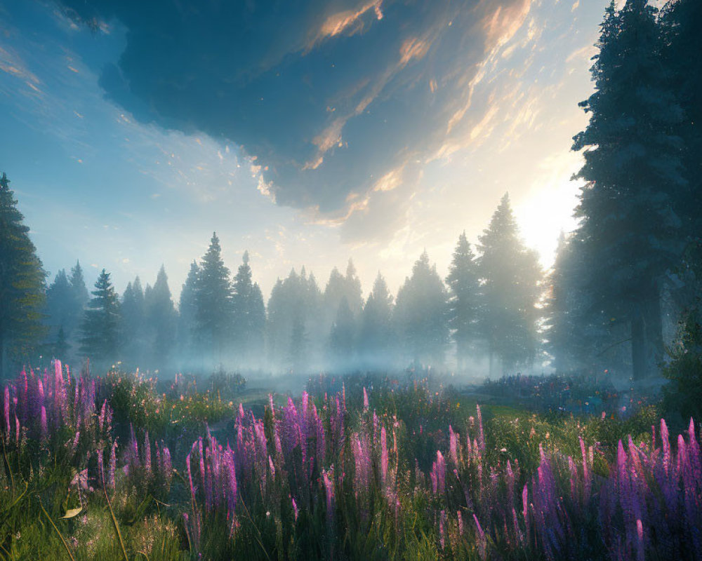 Serene landscape with purple wildflowers, misty forest, and dramatic sunrise sky