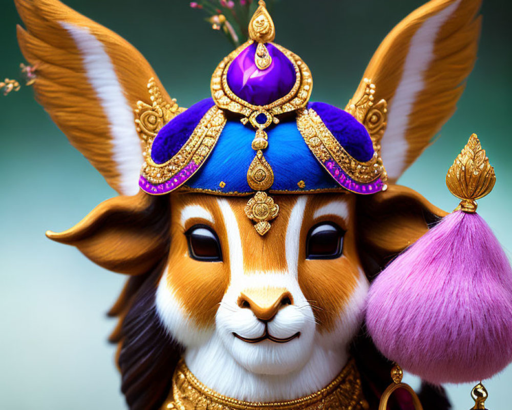 Regal anthropomorphic fennec fox with ornate headdress & golden jewelry