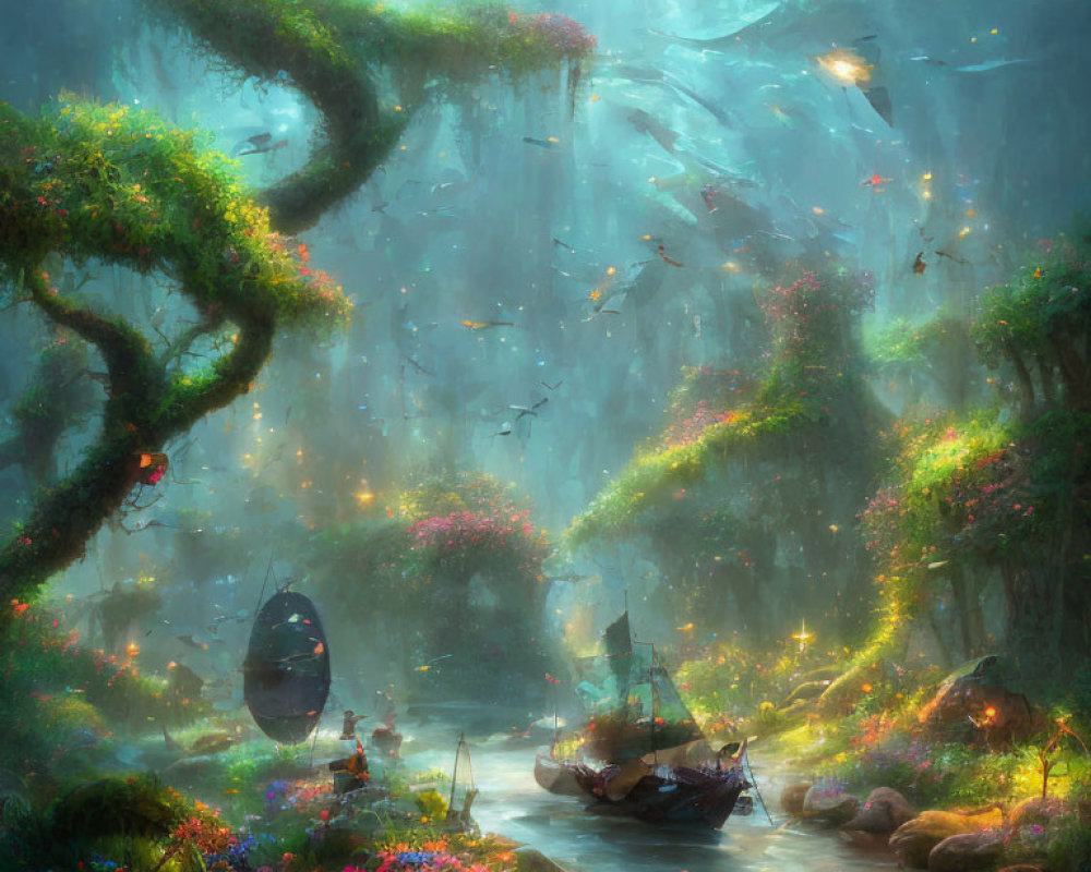 Enchanting forest scene with river, sunlight, flowers, and mystical creatures