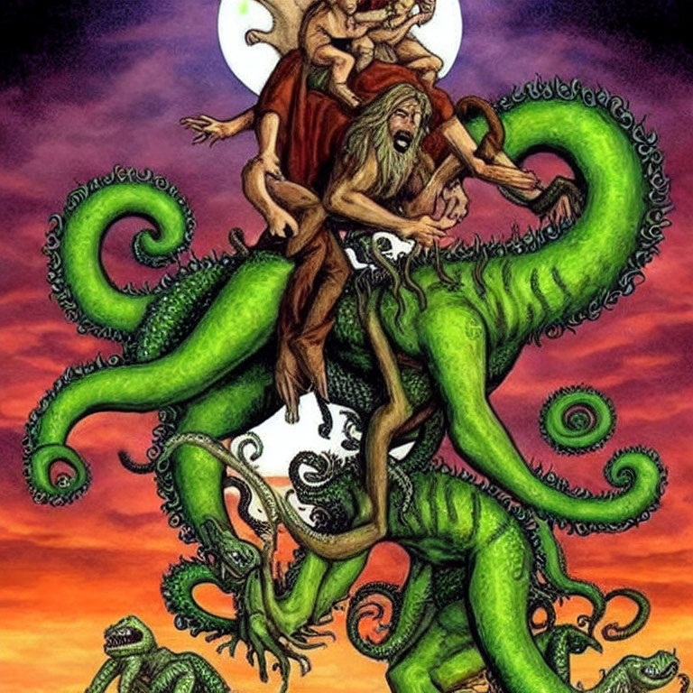 Fantasy artwork of person riding green tentacled creature in vibrant sky