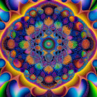 Symmetrical mandala digital artwork with neon colors and intricate patterns