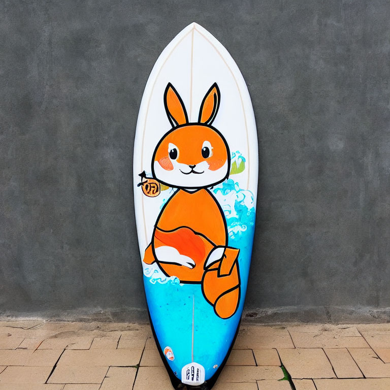 Colorful Surfboard with Cartoon Rabbit Illustration and Waves Design