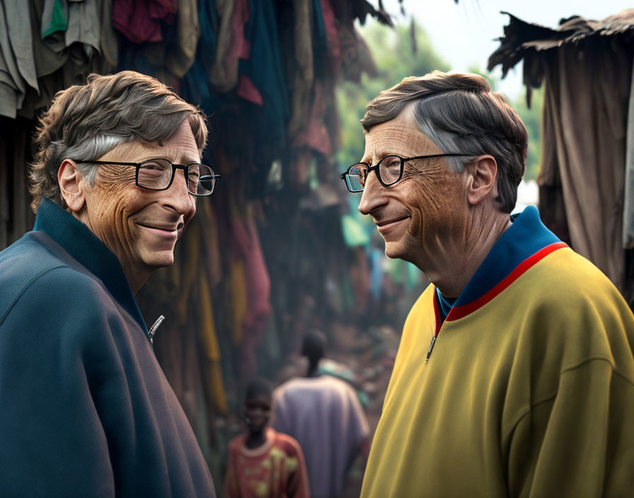 Illustrations: Bill Gates in colorful sweaters smiling, impoverished village background