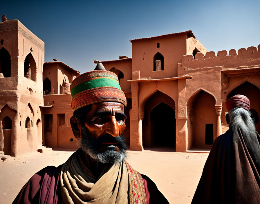 Traditional Attire Man with Colorful Turban and Earthen Architecture