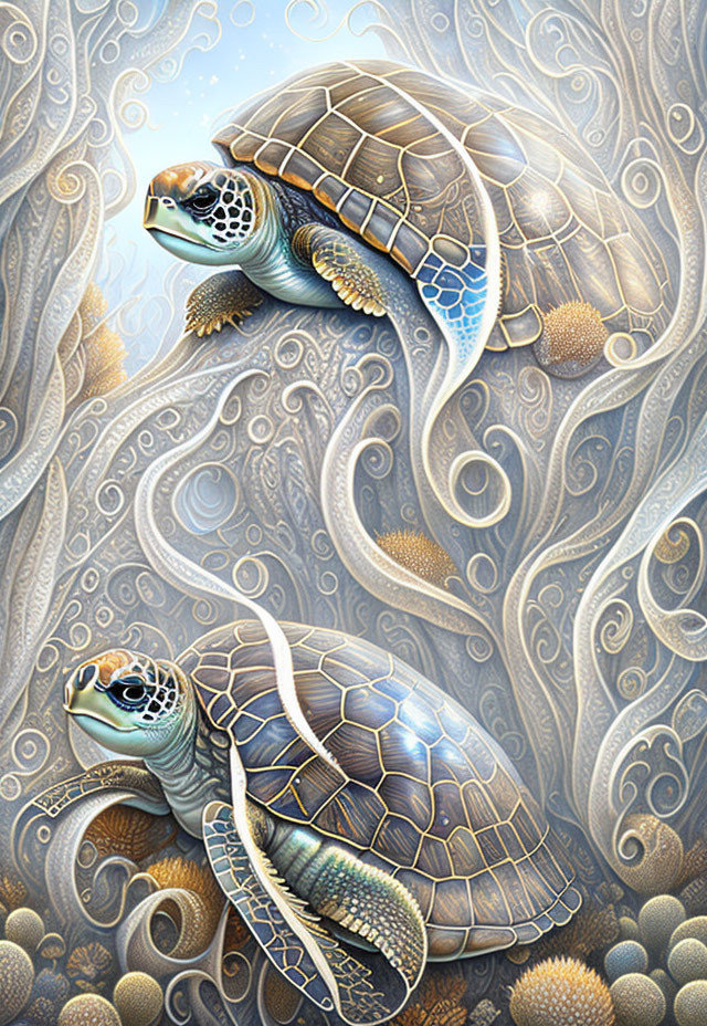 Stylized sea turtles with intricate shell patterns in swirling ocean scene
