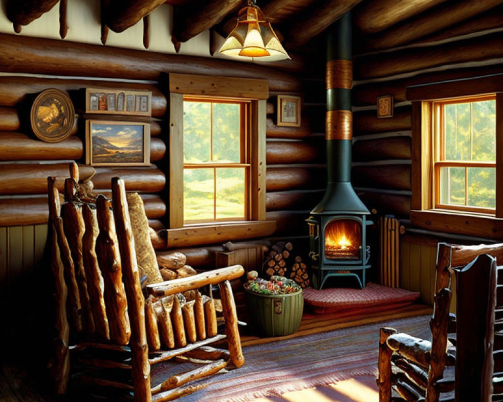 Rustic log cabin interior with wood stove, rustic furniture, woven rug, and warm sunlight.