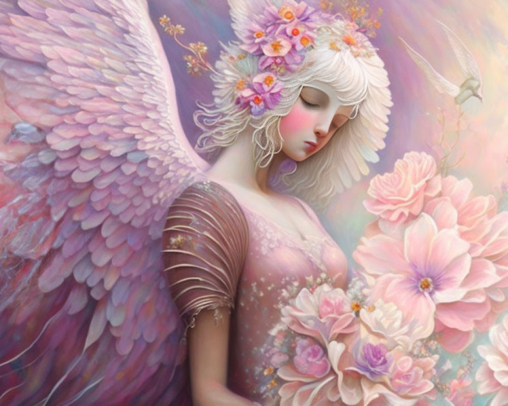 Ethereal female angel surrounded by flowers and detailed wings