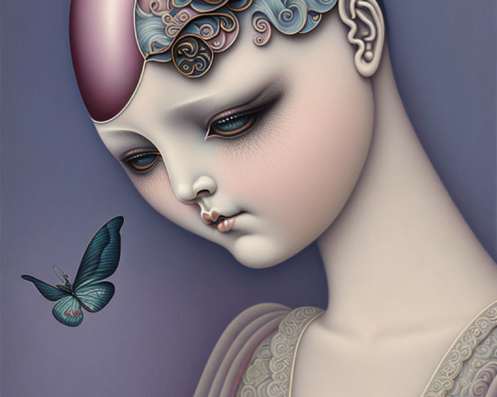Surrealist portrait with ornate skullcap, butterfly, and elaborate hair detail on purple backdrop