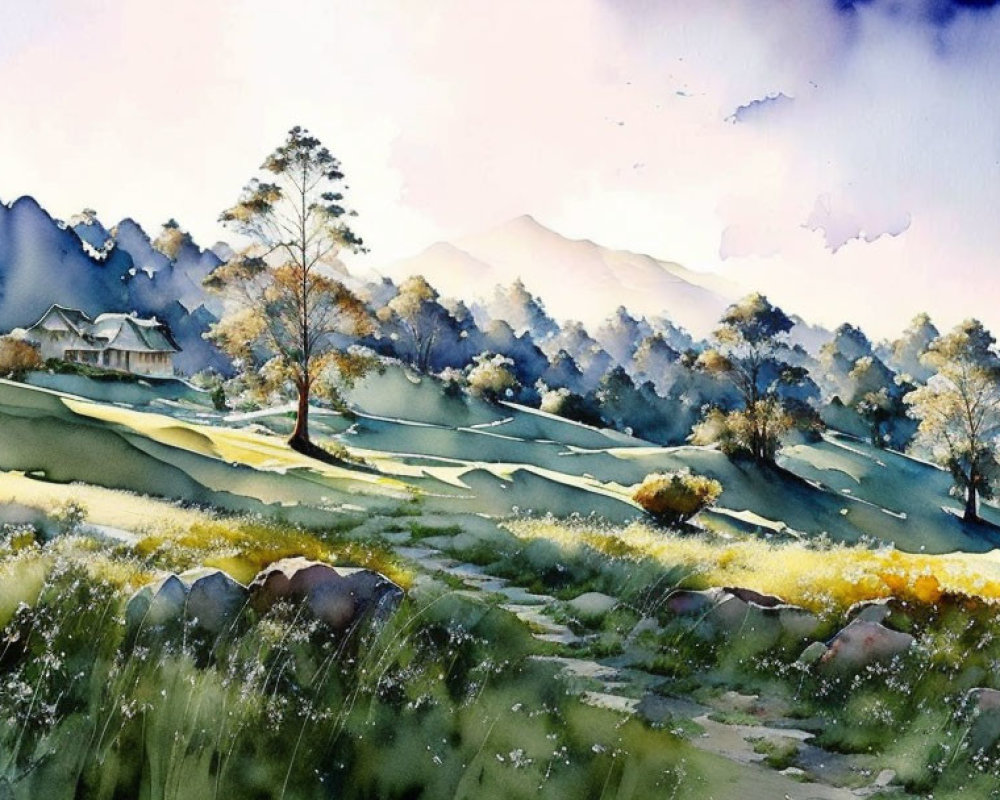 Tranquil landscape watercolor painting with hills, wildflowers, house, and mountains