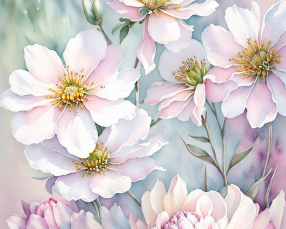 Delicate pink and white flowers in watercolor against blue and grey backdrop