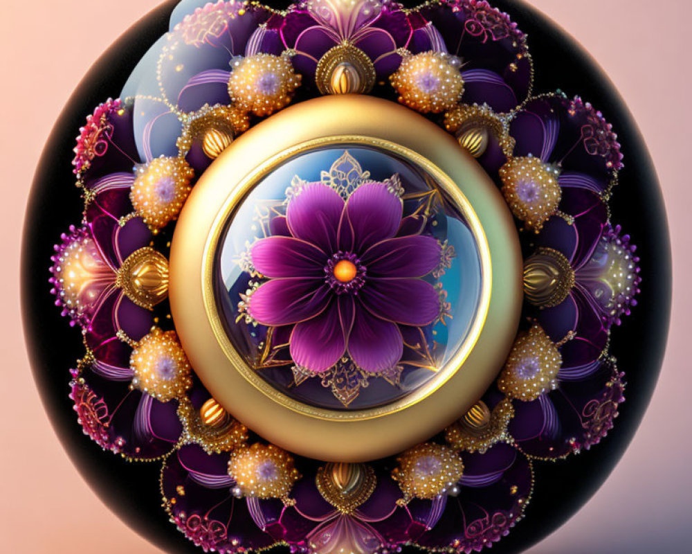 Symmetrical ornate floral design with central purple flower and gold patterns on pastel background