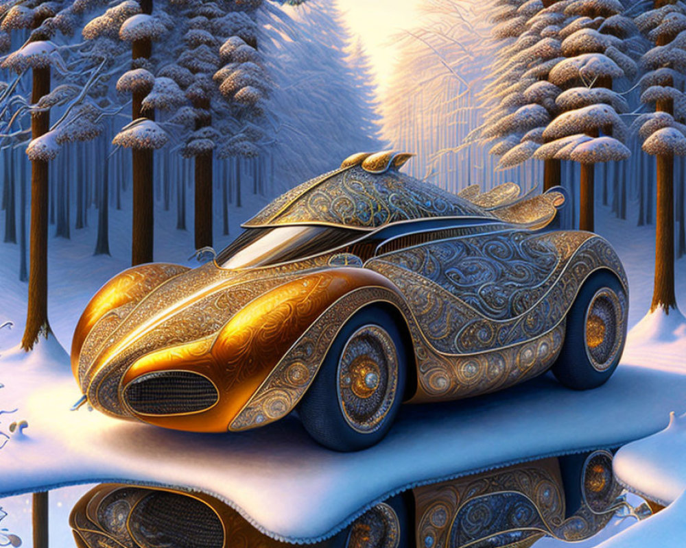 Golden ornate car parked in snowy winter forest landscape