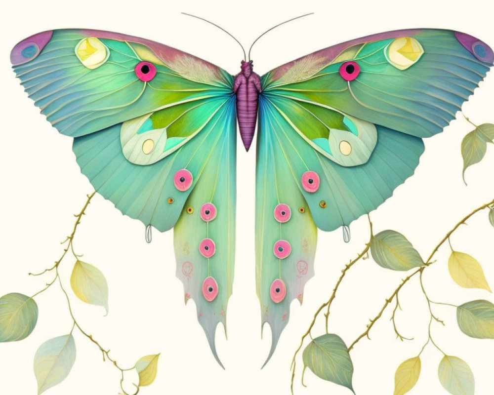 Colorful Butterfly Illustration with Green and Pink Wings on Twigs